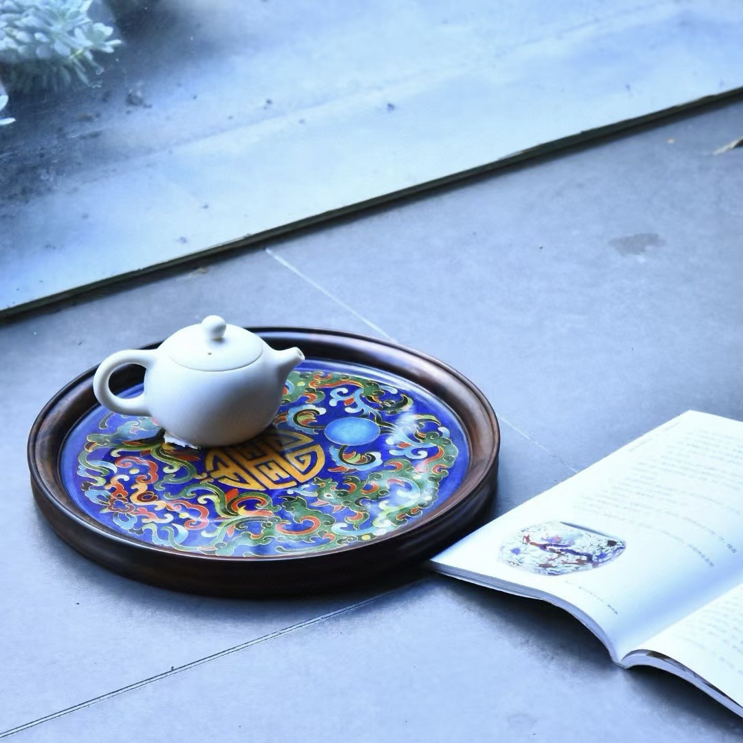 老挝大红酸枝（交趾黄檀）嵌珐琅&云石托盘/圆盘/茶盘/果盘/承盘