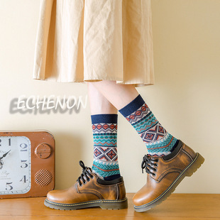 秋冬袜子女无骨复古民族风双路中筒袜男情侣精梳棉潮流运动袜