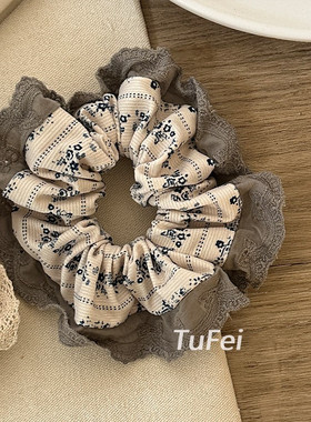 发量适中~原创手作蓝色小碎花大肠蕾丝发圈少女感新款扎马尾发圈