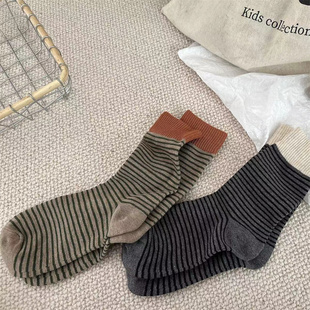 袜子女秋冬韩国东大门撞色罗口条纹袜女袜子棉袜休闲中筒袜