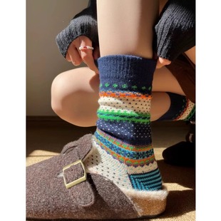 美式 轻奢复古民族风粗线咔叽街头风费尔岛情侣ins中筒堆堆袜子女