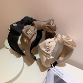 复古法式 优雅高级感发箍光滑缎面打结蝴蝶结珍珠水钻点缀宽边头箍