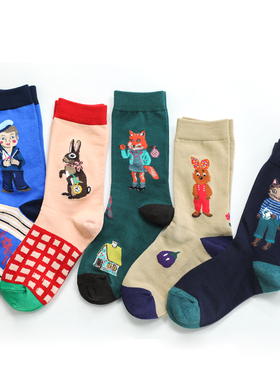 森林童话 2022春季新款童话动物新品个性提花AB女中筒棉袜