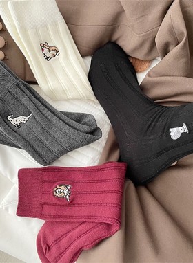 袜子女中筒可爱小狗刺绣粗线堆堆袜男女同款百搭灰色长袜子