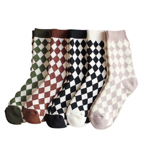 Цветные демисезонные утепленные носки, удерживающие тепло гольфы с ромбовидным узором, средней длины