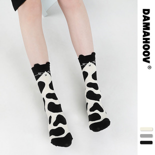 DAMAHOOV原创卡通喵喵袜子女黑白奶牛纹棉袜ins日系简约潮中筒袜