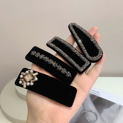韩国发饰秋冬新复古气质黑色丝绒几何镶钻发夹简约时尚边夹刘海夹,收纳整理,夹子/收纳夹子,淘宝优惠券,粉丝福利购,淘宝优惠卷