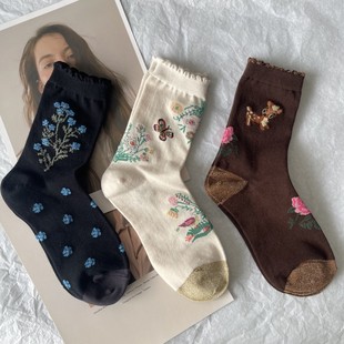 木耳花边亮丝拼色小鹿花卉韩国文艺女袜中筒袜复古短袜