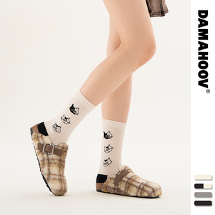 复古情侣款 秋季 猫猫头清新日系中筒袜女时尚 原创个性 棉袜男 新款