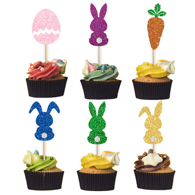 6个复活节蛋糕装饰创意彩色小兔子蛋糕插牌 Easter主题派对插签