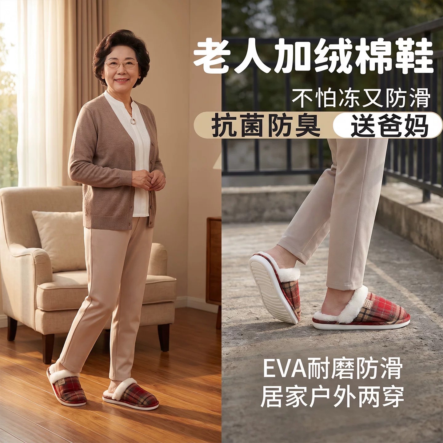 秋冬居家棉拖鞋中老年格子毛绒加绒保暖轻便柔软不磨脚老人棉拖鞋