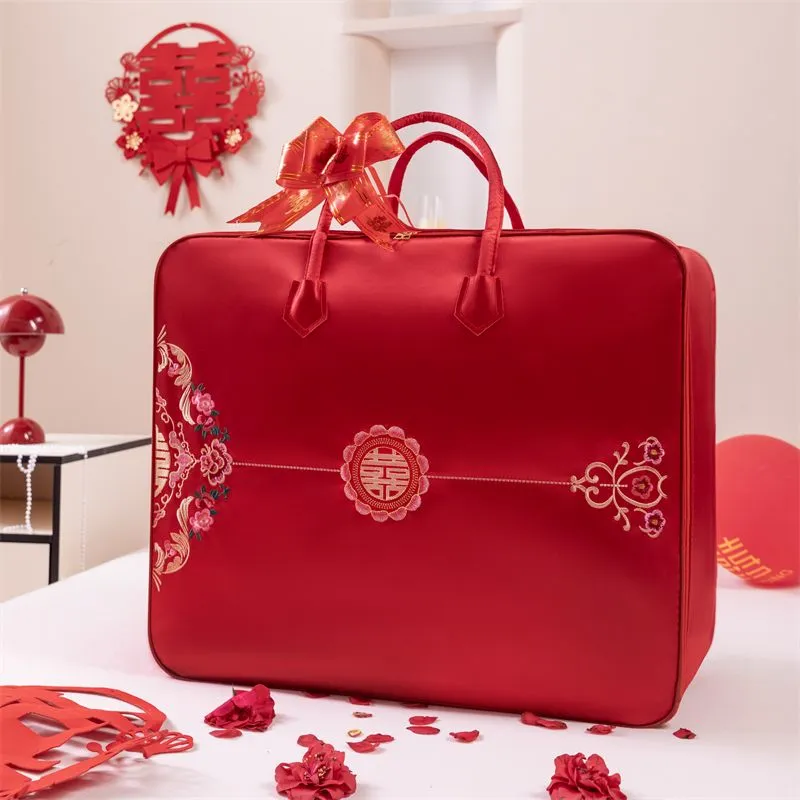 结婚被子包装袋陪嫁红色四件套收纳袋女儿嫁妆婚礼婚纱和服手提袋