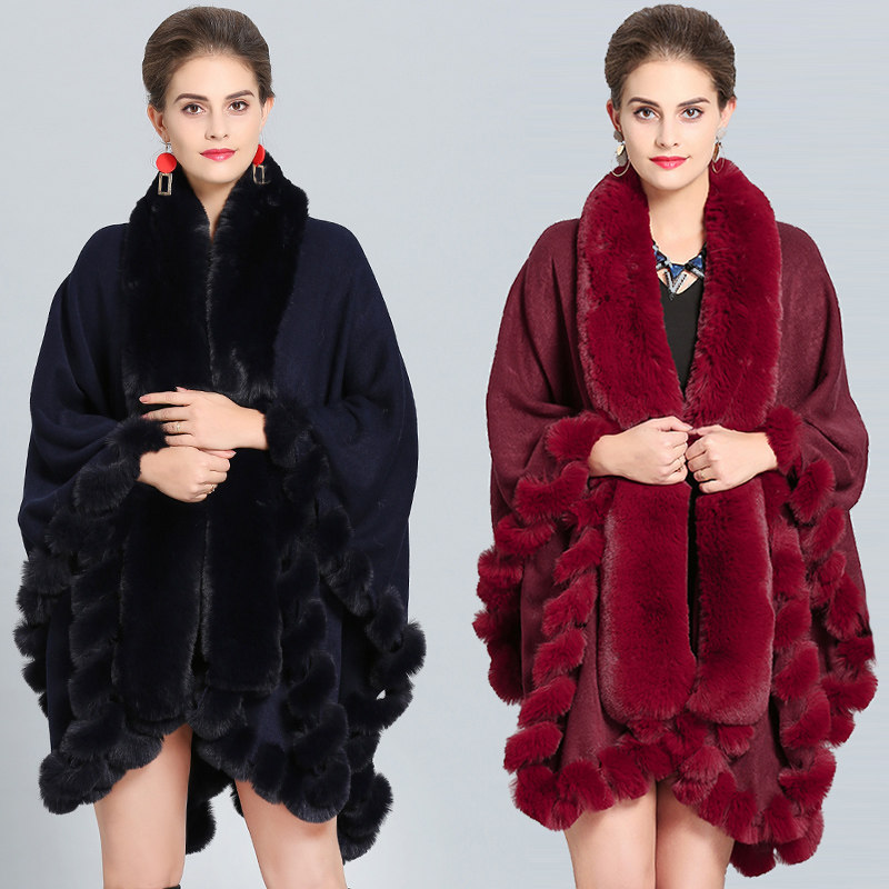 欧美大码仿狐狸毛领皮草大披肩女不规则中长款斗篷披风外套羊绒衫