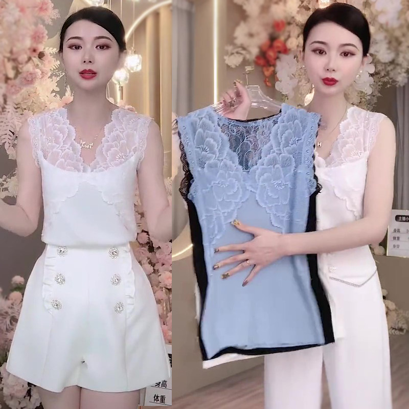 夏季蕾丝拼接背心V领曲竹冰丝吊带3D花边纯色上衣百搭打底衫外穿,女装/女士精品,背心吊带,淘宝优惠券,粉丝福利购,淘宝优惠卷