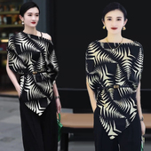 上衣雪纺衫 圆领缎面小杉女不规则中长款 设计感印花撞色蝙蝠袖 夏季