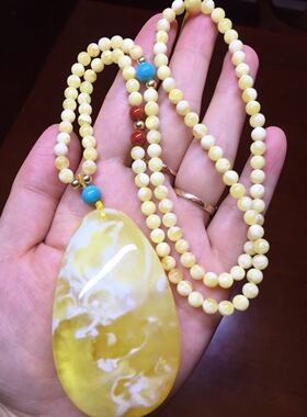 纯天然蜜蜡 金绞白 妖花 蜜蜡 妖孽 坠子配项链 一套 45克 仙气