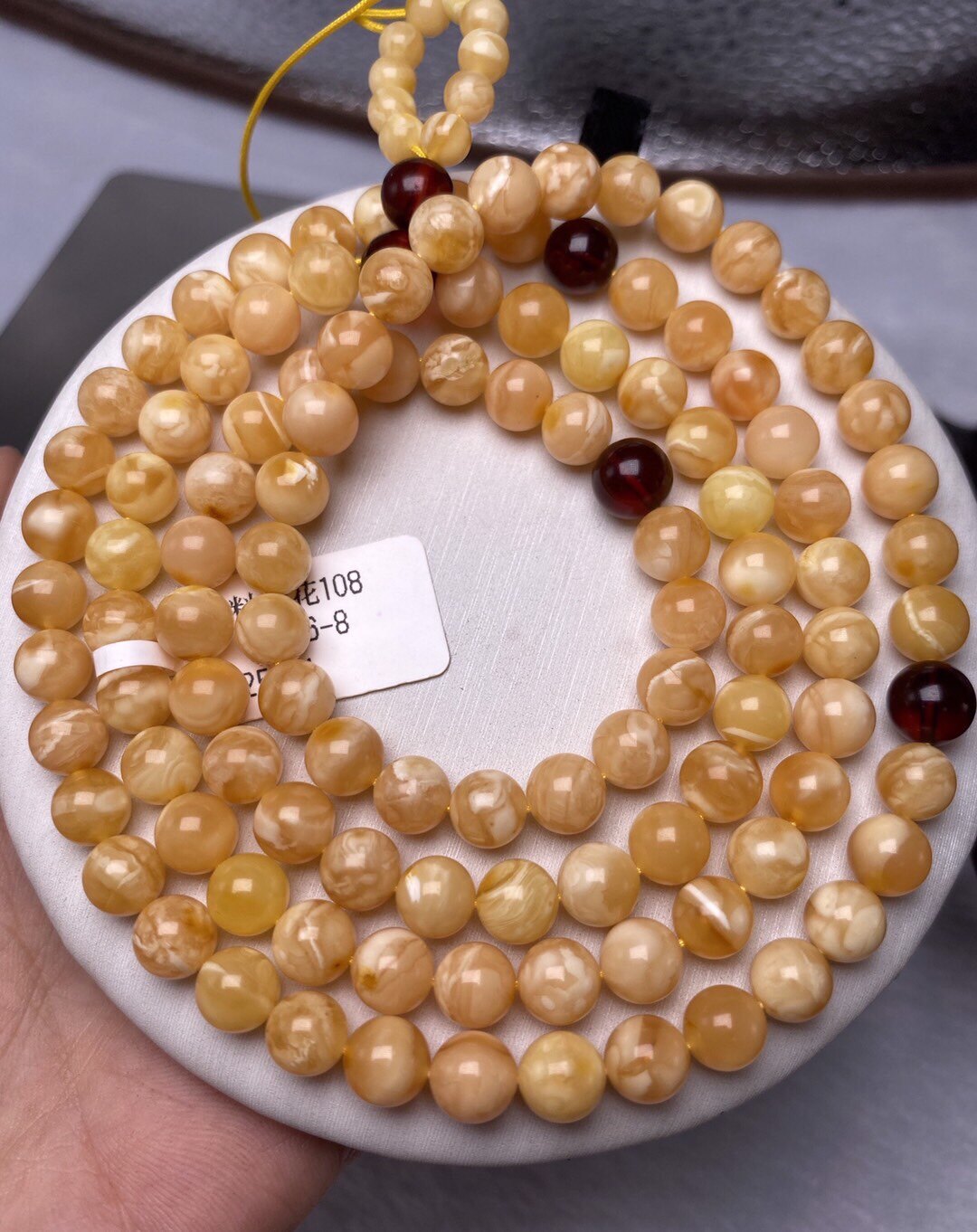 鸡油红白花蜜蜡108 妖花 虎皮纹 佛珠 手串 天然俄料精品 7mm24克