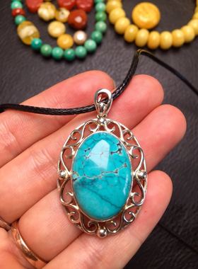 原矿绿松石瓷釉级纯银镶嵌吊坠