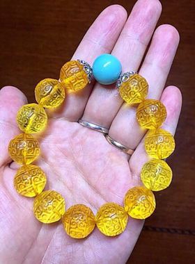 净水金珀回纹珠手串 净透无暇13.7mm 22.8克 吉祥如意 俄料浓郁色