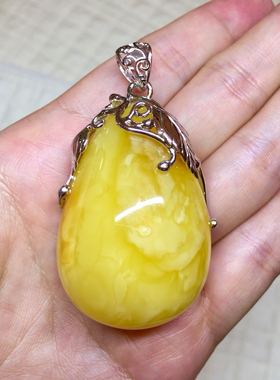 925镀白金 欧洲复古树叶款 蜜蜡 吊坠 蜡质浓稠 精致贵气 25.88克