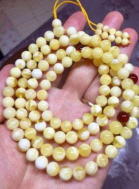 俄料琥珀 蜜蜡 金绞白 白花108 6mm 7mm 22.63克手链项链