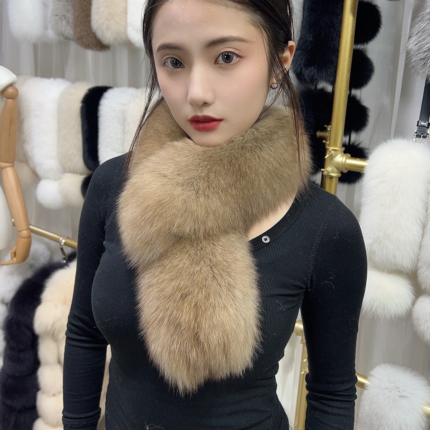 网红蘑糯糯同款咖棕色双面真狐狸毛围巾围脖女真毛皮草毛毛围巾