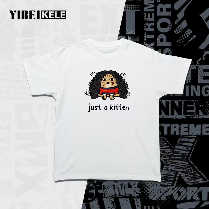 YIBEIKELE库库猫咪短袖 爆炸头卡通趣味印花足球球迷T恤