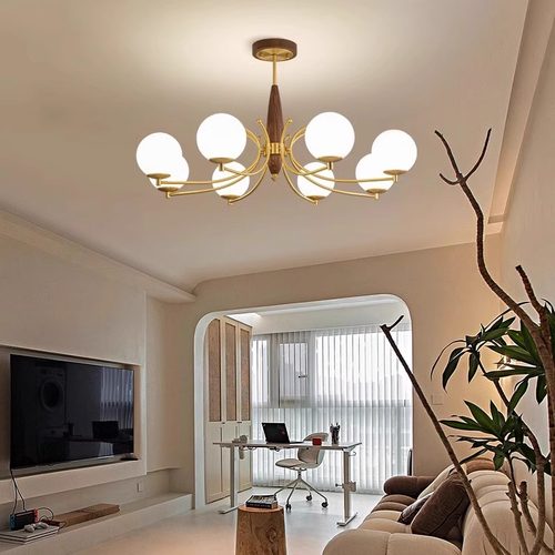 中古风客厅吊灯全铜胡桃木魔豆主