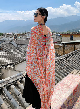 夏季新款民族风古装盘扣宽松外搭披肩百变丝巾多功能围巾旅游纱巾