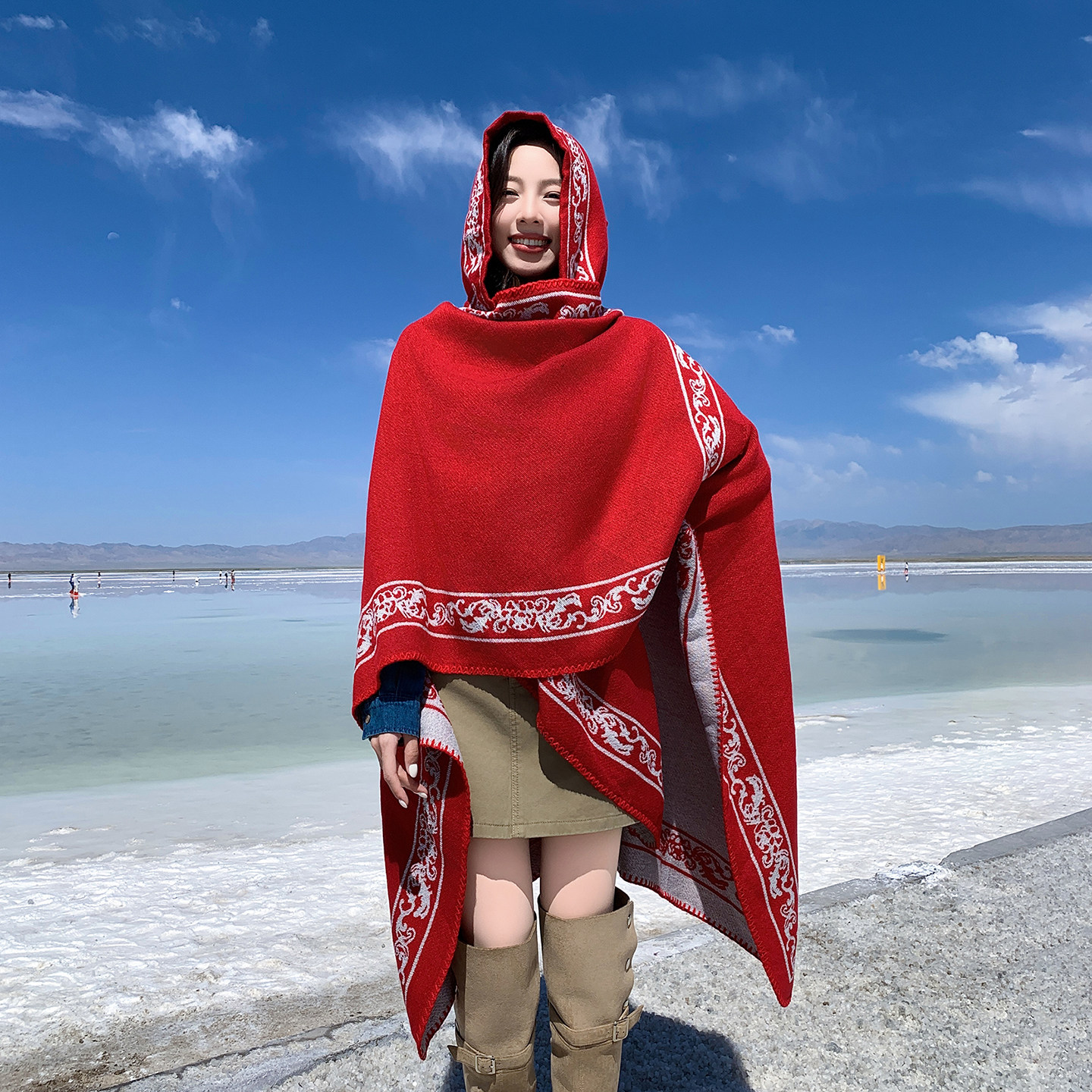 民族风带帽子斗篷披肩女加厚保暖云南丽江大西北旅游保暖外搭披风