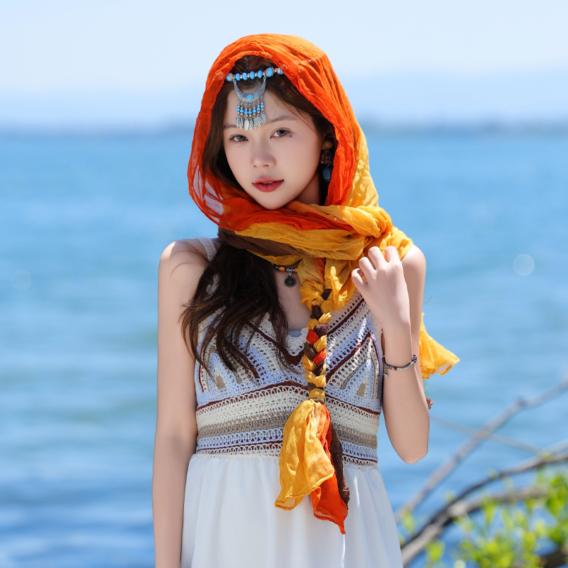 夏季渐变辫子巾民族风旅游装饰穿搭丝巾帽包头洋气时尚百搭围巾女