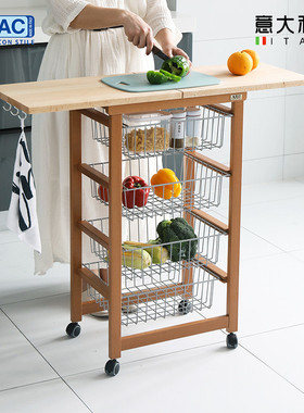 DLAC意大利进口厨房菜篮子置物架落地实木果蔬收纳筐小推车收纳架