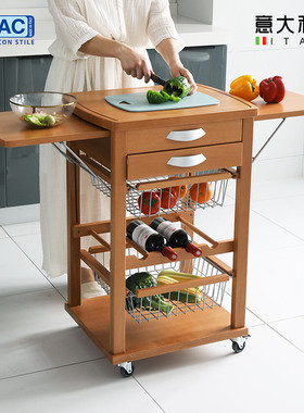 DLAC意大利进口厨房收纳置物架落地多层蔬菜推车可移动榉木果蔬筐