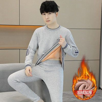 青少年加绒加厚圆领无骨内衣套装