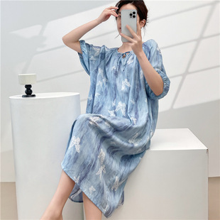 女士夏天睡裙成人棉绸短袖连衣裙绵绸裙子人造棉居家空调服夏季薄
