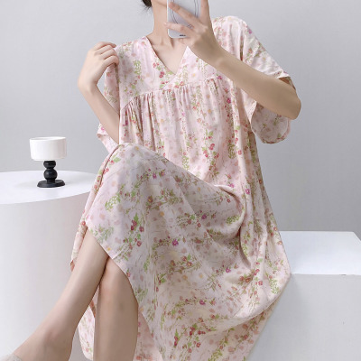 女士绵绸短袖睡裙夏季薄款可外穿