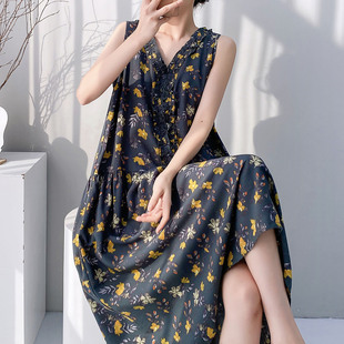 少女夏天睡裙女士棉绸连衣裙绵绸无袖带胸垫人造棉夏季薄款可外穿