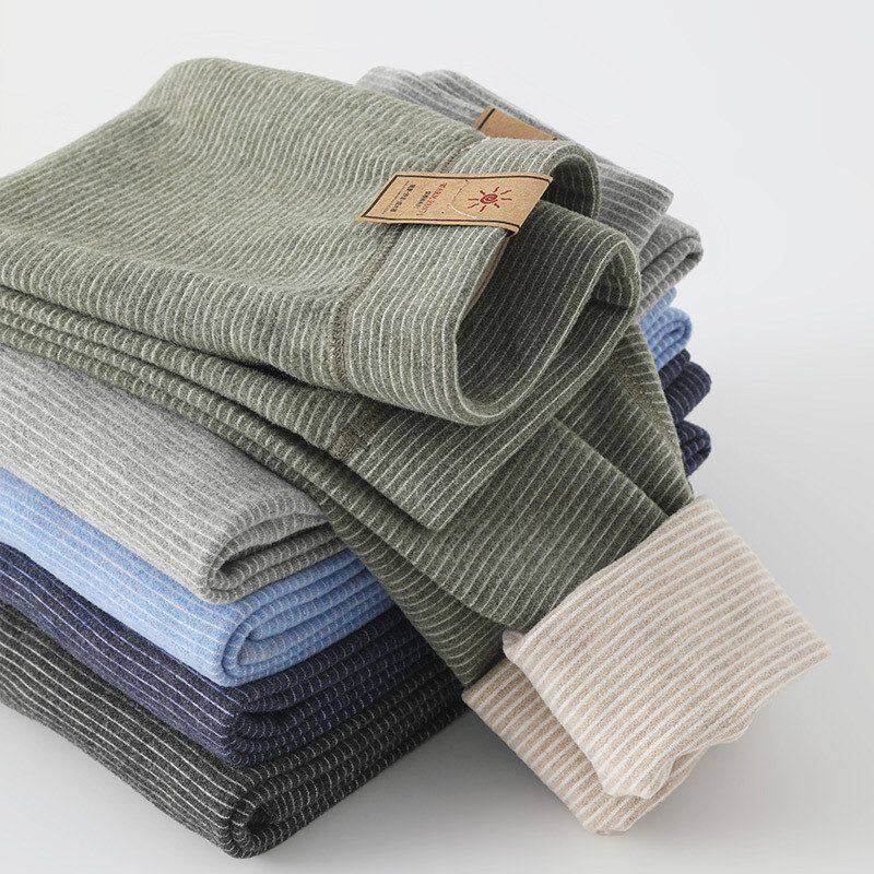 儿童保暖裤男童德绒秋裤女童条纹磨毛加厚大童双层羊绒桑蚕丝冬季