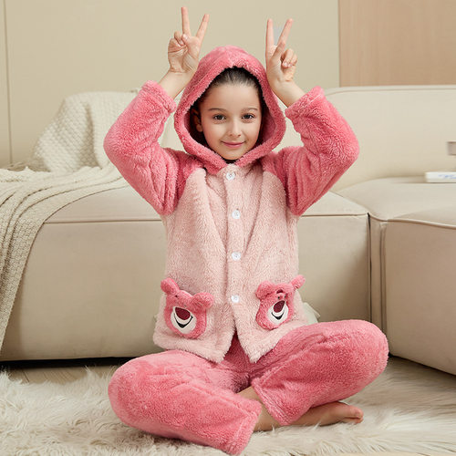 儿童连帽开衫法兰绒睡衣套装冬季