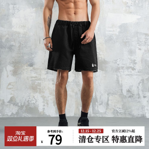 鹿家门国潮大码水洗印花黑色牛仔短裤男士美式复古宽松休闲裤子