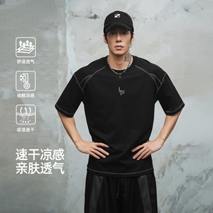 鹿家门速干凉感黑色常规短袖简约基础落肩圆领男士运动T恤夏季潮