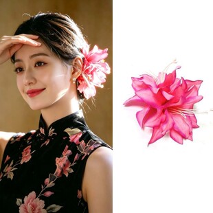东方美人玫粉色花朵发夹旗袍配饰头花发卡子侧边夹鸭嘴夹头饰品女