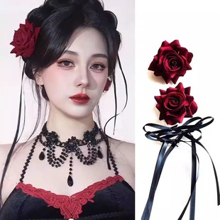 迪丽热巴暗夜红玫瑰头花发饰女发夹伯爵夫人吸血鬼盘发丝带蝴蝶结
