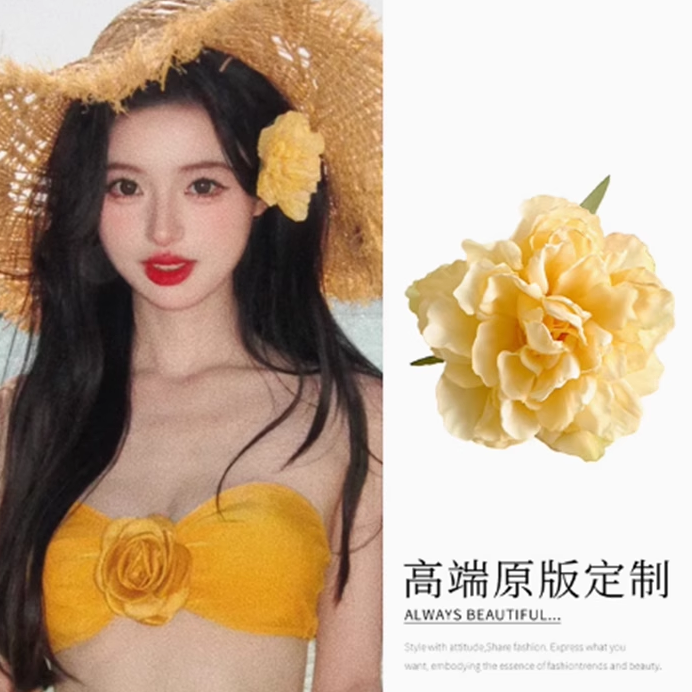 旅游拍照头饰女海边花朵发夹明媚黄色牡丹花侧边夹耳后刘海发卡子