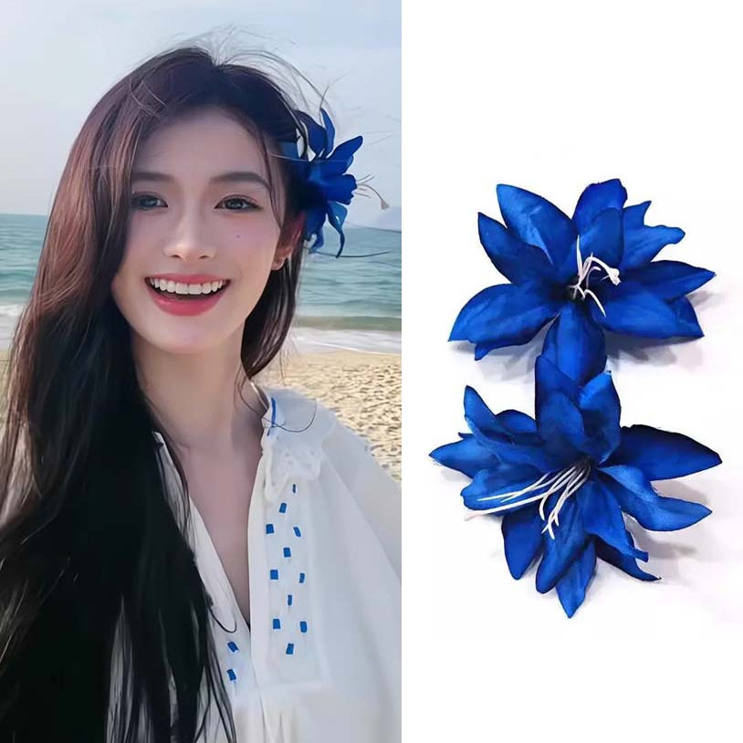 海边氛围感蓝色百合花朵发卡子女