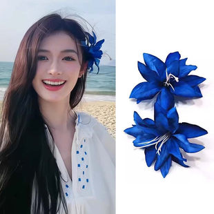 海边氛围感蓝色百合花朵发卡子女唯美侧边夹发饰旅游拍照头饰头花