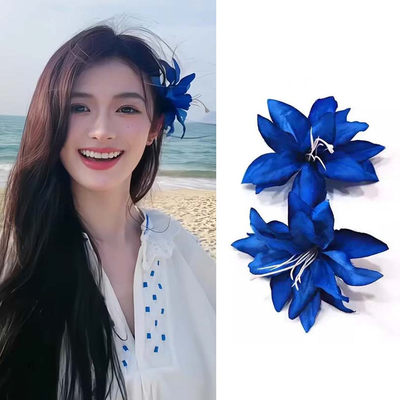 海边氛围感蓝色百合花朵发卡子女