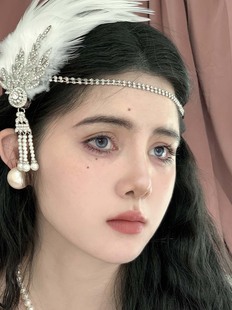 复古名伶盖茨比羽毛珍珠流苏发箍头饰欧美发带万圣节日舞会发饰品