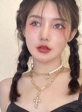 网红同款复古吊坠短女欧美珍珠