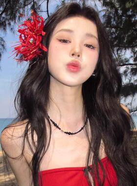 红色彼岸花发夹海边度假风发饰女氛围感侧边夹发卡头花拍照用发饰
